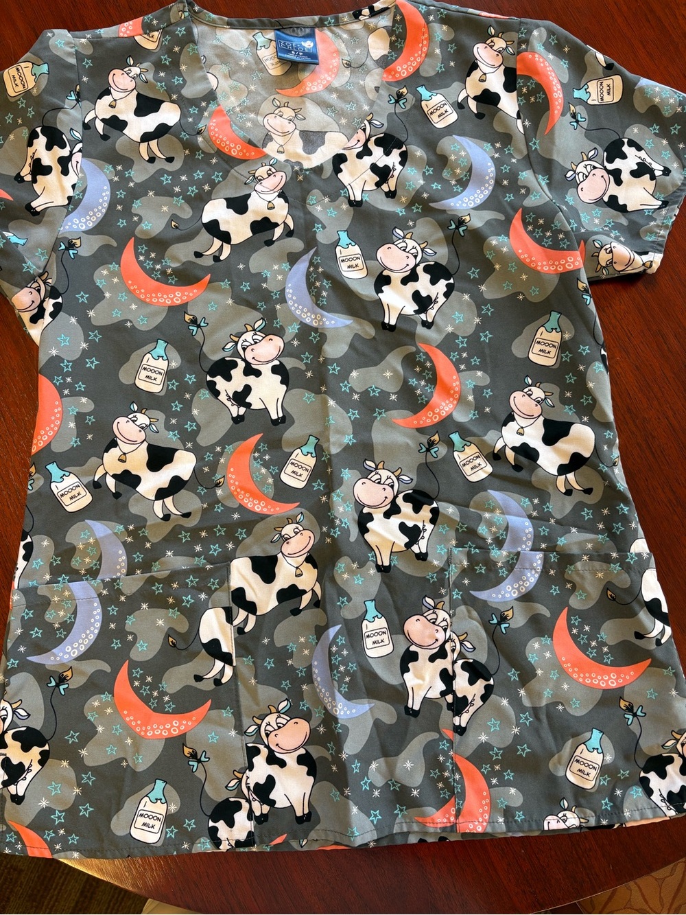 Gray Cow Print Short Sleeve Medical Scrub Top with Moon & Milk Bottle Motif